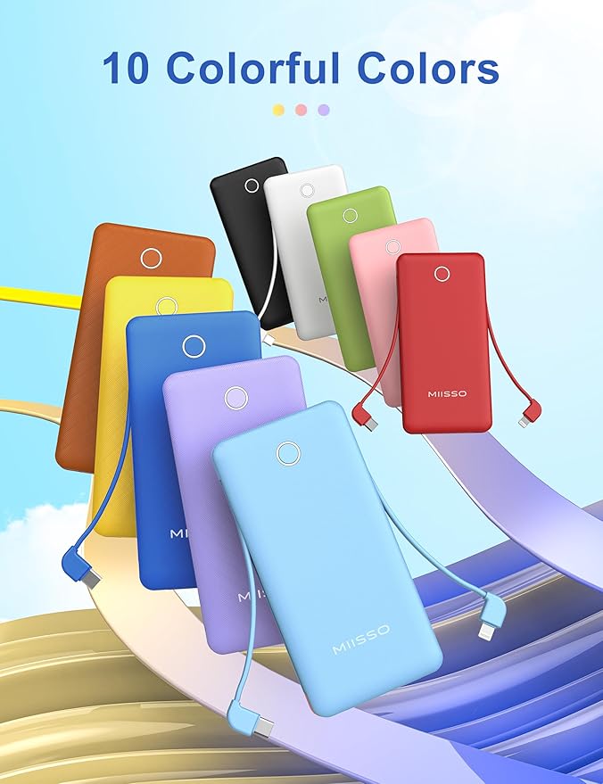 miisso 10000mAh Slim Portable Charger with Built in Cable, Power Bank Travel Charger External Battery Pack for Phone, 4 Output USB Type C Cord Clutch Charger Compatible with iPhone, Yellow