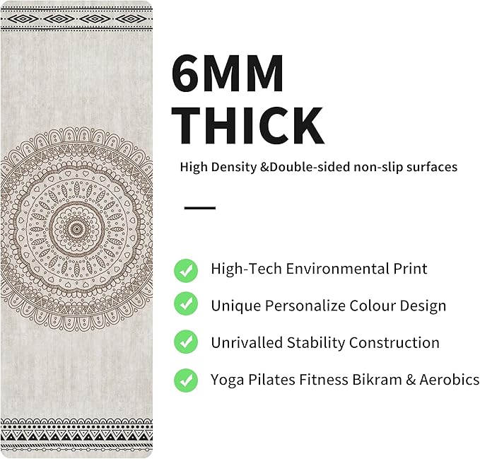 nuveti Yoga Mat Print Extra Thick TPE Non Slip Fitness Exercise Mat with Carrying Bag,72"x24" Extra Thick 6MM Exercise & Workout Mat for Yoga, Pilates Fitness and Floor Exercises