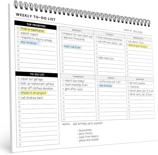Of a Happy Kind Weekly To Do List Spiral Planner Pad - 8.5x11 52 Sheets - Desk Notepad with Multiple Sections - Undated Planning Notebook Checklist, Todo Agenda Plan