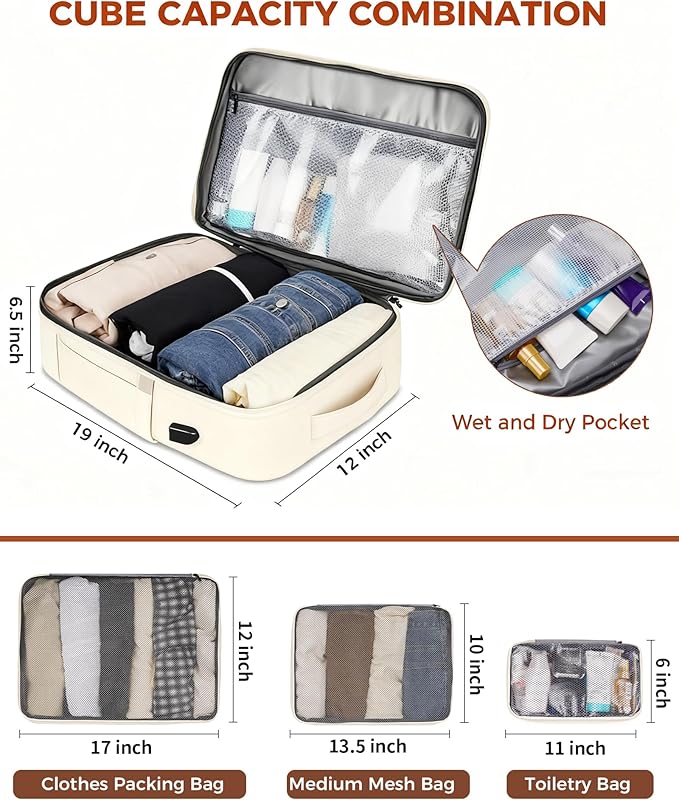 Vancropak Travel Backpack for Women, Airline Approved Carry On Backpack with 3 Packing Cubes, Expandable Large 40L Travel Bag fits 17" Laptop, Anti Theft Luggage Suitcase Weekend Daypack, White Brown