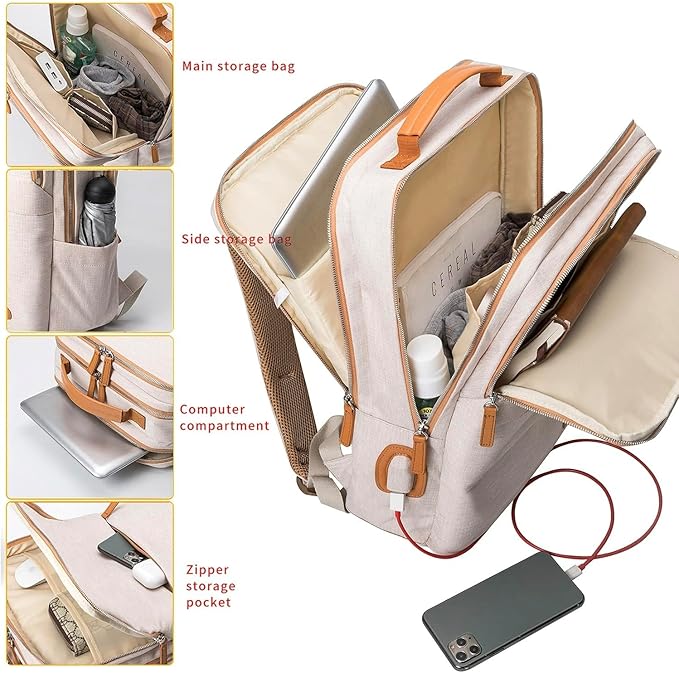 NOBLEMAN Best Laptop Backpack for Women, Professional Adult Office Commuter Womens Computer Backpack, Luxury Lightweight Carry on Travel Personal Item Bag For Airlines Fits 16 Laptop (Beige Plus)