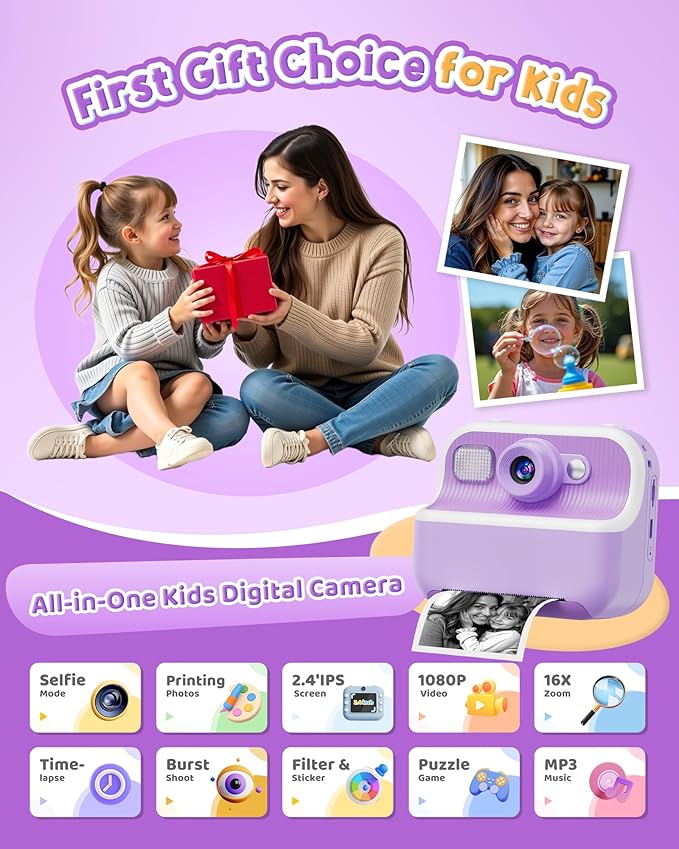 Instant Camera, Front Rear Dual Selfie Kids Camera with 1080P Videos, Holiday Birthday Gifts for Kids Age 3-12, Toddler Portable Travel Print Digital Camera Toy for 4 5 6 7 8 9 Year Boys Girls