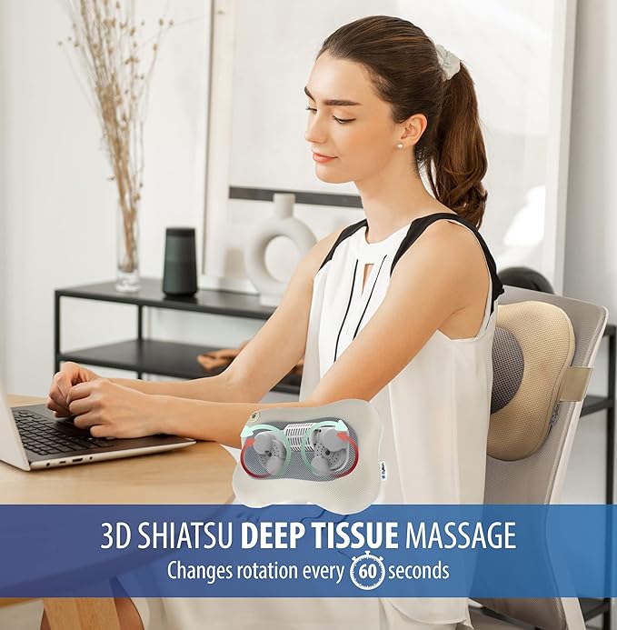 Zyllion Shiatsu Back and Neck Massager with Heat - 3D Electric Kneading Deep Tissue Massage Pillow for Muscle Pain Relief, Cream, ZMA-13