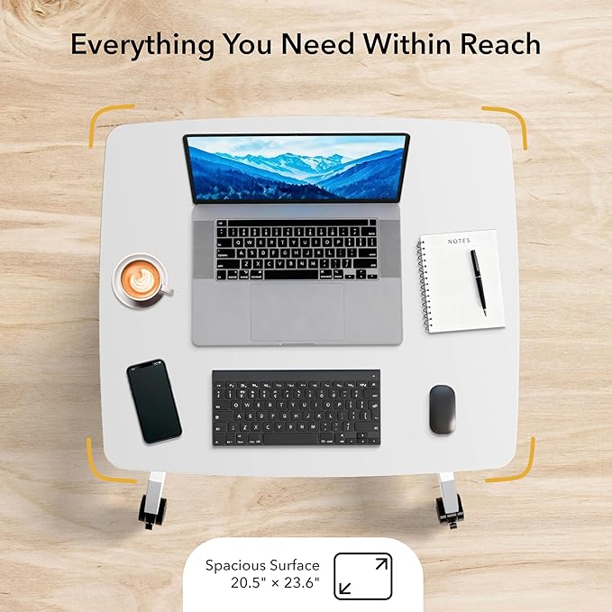 Mount-It! Adjustable Rolling Laptop Desk, Mobile Standing Desk with Wheels, Small Sit-Stand Computer Cart for Home, Office, or Classroom, 29.6–44.2" Height, 23.6"x20.5" Desktop, White