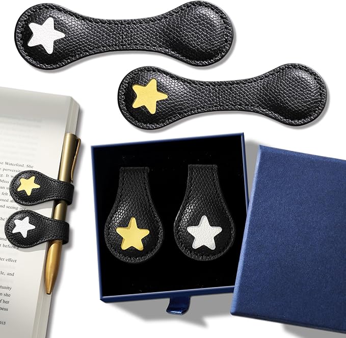 2Pcs Magnetic Leather Bookmarks with Gift Box, Magnetic Pen Holder Book Marks Clip Gift for Book Lover Readers Men Women Teachers Students, Star (Black+Black)