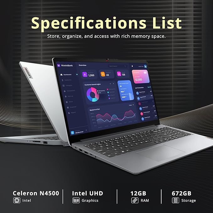 Lenovo Ideapad 1 15.6" HD Anti-Glare Laptop, Intel Celeron N4500, 12GB RAM, 672GB Storage(512GB SSD+160GB Docking Station Set), Intel UHD Graphics, Num Pad, Webcam, Win 11s, Grey
