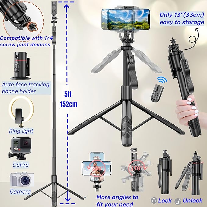 Auto Face Tracking Tripod, 360° Rotation Face Body Tracking Phone Holder, Rechargeable Smartphone Camera Mount Remote & Gesture Control with Adjustable Selfie Stick Tripod Stand for Phone Camera GoPro