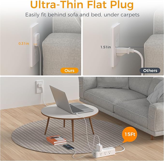 Surge Protector Power Strip 15 Ft, TESSAN Flat Plug Long Extension Cord with 9 Outlets 3 USB(1 USB C), Surge Protection Mountable Desk Charging Station for Indoor, Home, Office, Dorm Room Essentials