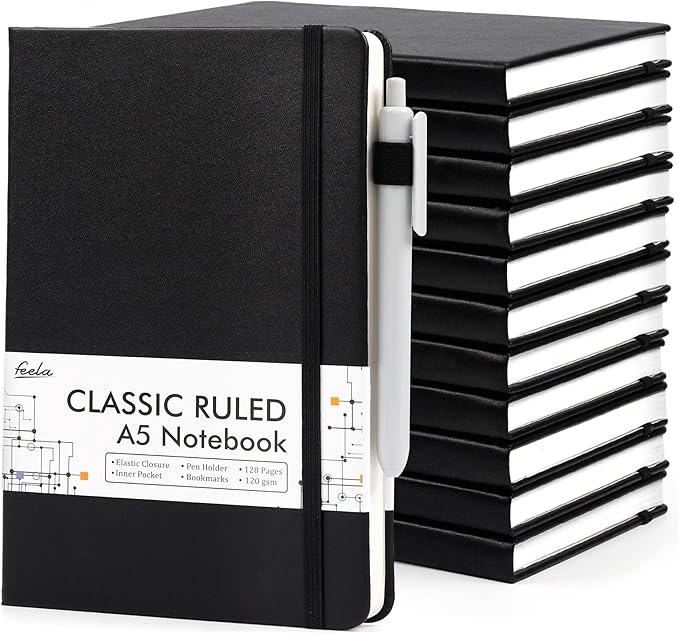 feela 12 Pack Notebooks Journals Bulk with 12 Black Pens, A5 Hardcover Notebook Classic Ruled Journal Set with Pen Holder for School Business Work Travel Writing, 120 GSM, 5.1”x8.3”, Black