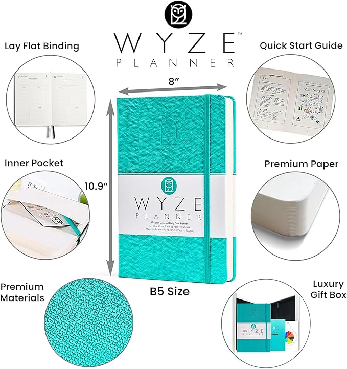 Undated Daily Planner – 1-Year B5 Productivity Organizer with Two-Page Weekly Spread, Goal Setting, Habit Tracker, Weekly & Monthly Pages – Hardcover Time Management Notebook (Turquoise)