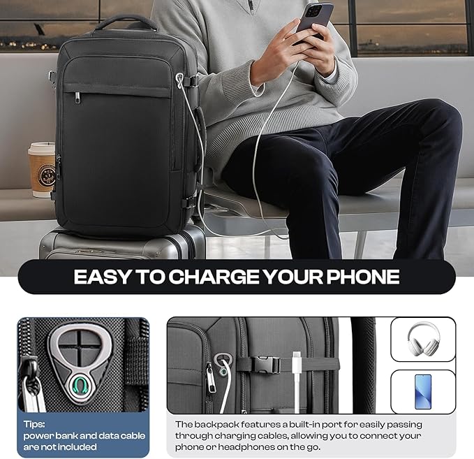 Carry on Backpack, 50L Expanable Travel backpack,TSA Airplane Approved, Daypack Weekender Bag Fits 17 Inch Laptop, Travel Gifts for Men, Black