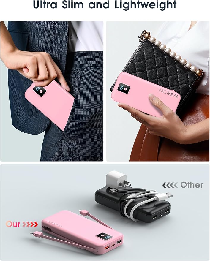 Portable Charger, 12000mAh 22.5W Fast Charging Power Bank with Built-in Cables & Wall Plug, Travel Essential Battery Pack with LED Display, USB C Battery Phone Charger for iPhone, iPad, Samsung Pink