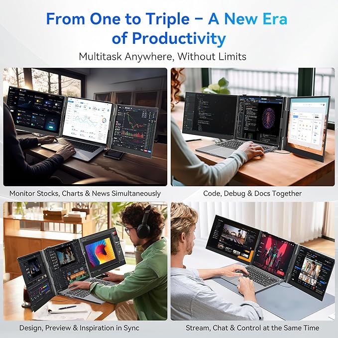 Blackview DCM6 Triple Laptop Screen Extender,14" 1080P FHD IPS Portable External Screen,Two Cable USB C Travel for 13-17'' Laptop,Plug & Play Compatible with Windows/Mac/Chrome OS and Mobile Devices