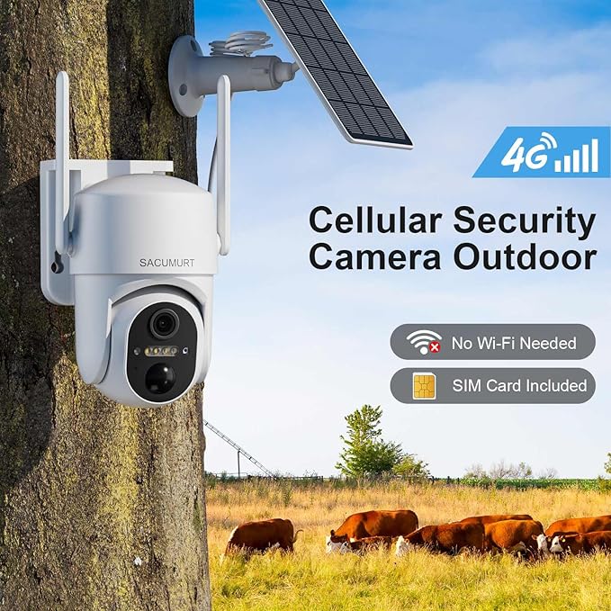 Cellular Security Cameras Wireless Outdoor, Solar Camera Outdoor Wireless, No WiFi Security Camera with SIM Card, 360 PTZ, 2K HD, Human Detection, 2-Way Talk, SD/Cloud