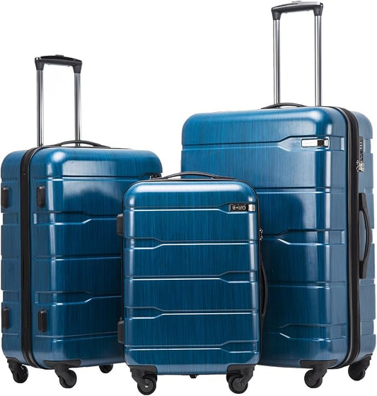 Coolife Luggage Expandable 3 Piece Sets PC+ABS Spinner Suitcase 20 inch 24 inch 28 inch (Caribbean Blue., 3 piece set)
