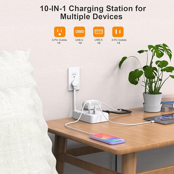 Surge Protector Power Strip, Flat Plug Extension Cord 0.65 FT with 6 Outlets 4 USB Charger (2 USB C), 1050J Protection Multiple Outlets Charging Station for Home, Office, College Dorm Room