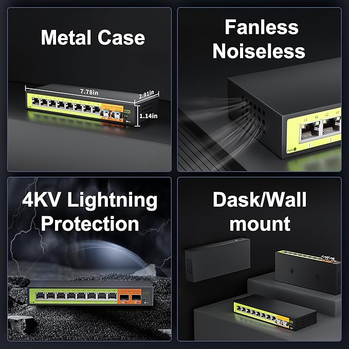 10-Port 2.5gb Switch, 8*2.5G RJ45 and 2×10G SFP Uplink Ports, Unmanaged, Fanless, Multi gigabit, Compatible with 100/1000/2500Mbps Network.
