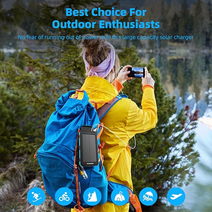 Solar Charger Power Bank 20,000mAh, Portable Charger, 4 Cables 3 Ports Fast Charging External Battery Pack with USB C for Cell Phones, Solar Panel Charger with Dual Flashlight for Camping
