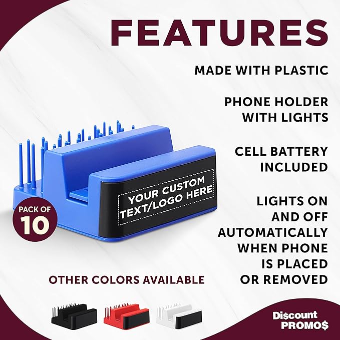 DISCOUNT PROMOS Custom Light Up Logo Phone Stands Set of 10, Personalized Bulk Pack - Essential Smartphone Accessory, Perfect for Office and Home - Blue