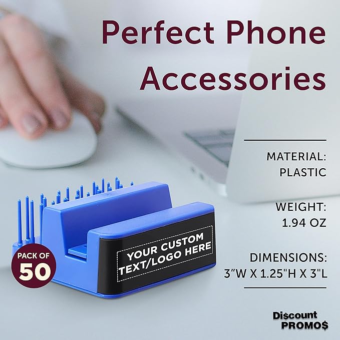 DISCOUNT PROMOS Custom Light Up Logo Phone Stands Set of 50, Personalized Bulk Pack - Essential Smartphone Accessory, Perfect for Office and Home - Blue