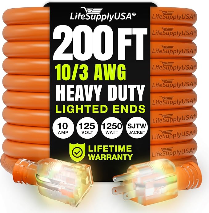 200ft Outdoor/Indoor Extension Cord 10/3 Gauge Ultra Heavy Duty 3 Prong SJTW, Waterproof, Flexible Cold-Resistant Long Power Cord,10A 125V 1250W, Orange by LifeSupplyUSA