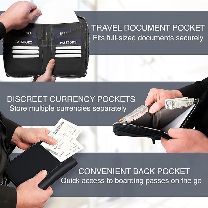 Full Grain Leather Family Passport Holder for 2-4 Passports - RFID Passport Holder and Travel Document Organizer - Large Leather Travel Wallet for Couples and Families - Black