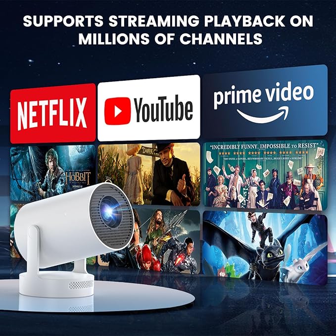 【Electric Focus】Mini Projector,Support 4K with Bluetooth 5.4 WIFI6,48watt Sound Base Speaker, 260 ANSI,Android 11,210° Rotation,auto Keystone Correction Video Projector HY300 Plus