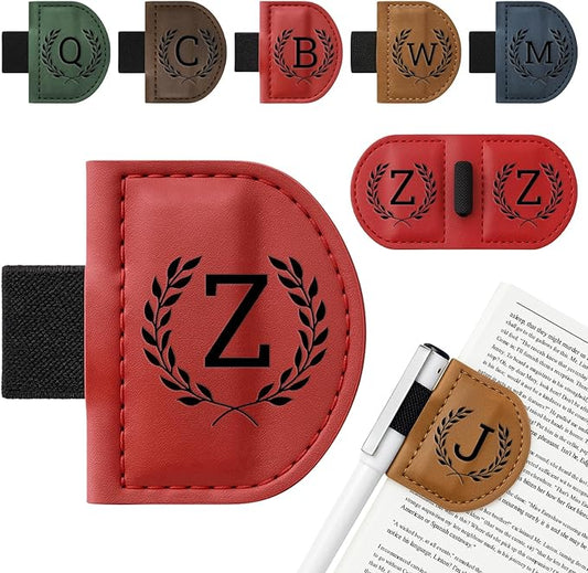 Personalized Bygone Mark Bookmark with Pen Holder,Engraving Leather Magnetic Bookmarks Vintage 26 Letters Name Initials Text Book Marker Clips Gifts for Reading Book Lovers Women (Red, Z)