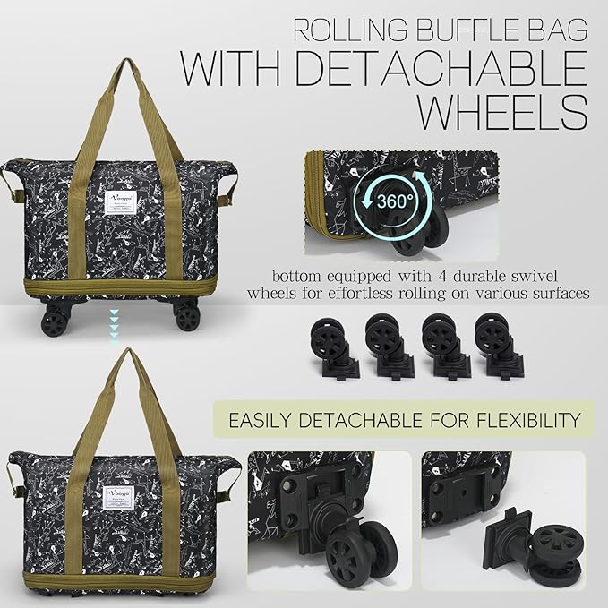 VOOWO Duffel Bag with Wheels - Rolling Foldable Expandable Duffle Bag with Wheels for Travel, Rolling Luggage Carry On Bag with Wheels, Large Rolling Backpack Weekend Bags for Men Women (Animal)