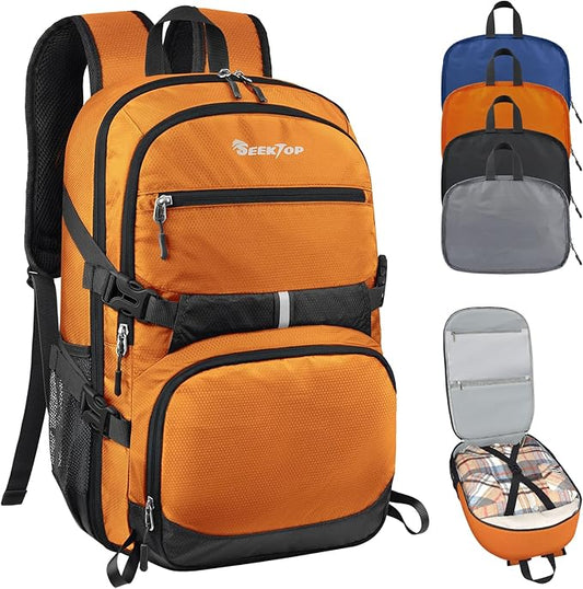 Seektop 40L Hiking Backpack Foldable Daypack for Women Men, Lightweight Travel Backpack Carry on Flight Approved for Camping School Work Business Leisure (Orange)