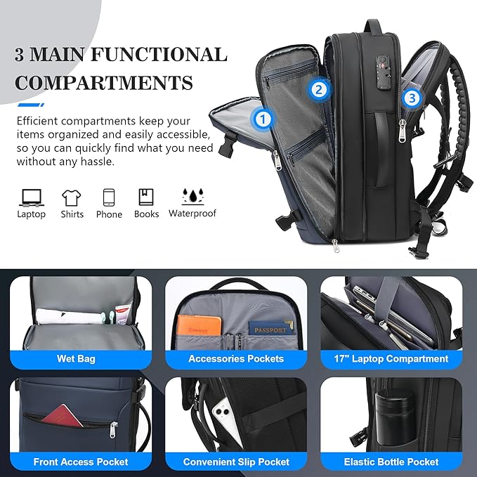 Vacuum Backpack Travel,60L Expandable Vacpack Backpack with Vacuum Pump, Water Resistant &TSA Lock, Easyvacpack Carry On Backpack Flight Approved Fits 17.3" Laptop, Blue
