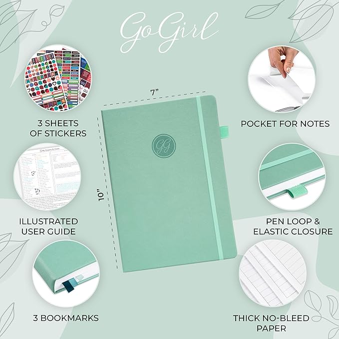 GoGirl Planner PRO Schedule - Undated Planner with Hourly Time Slots, Monthly, Weekly & Daily Organizer, Appointment Book for time Management, 7"x10" Hardcover, Lasts 1 Year - Mint Cream