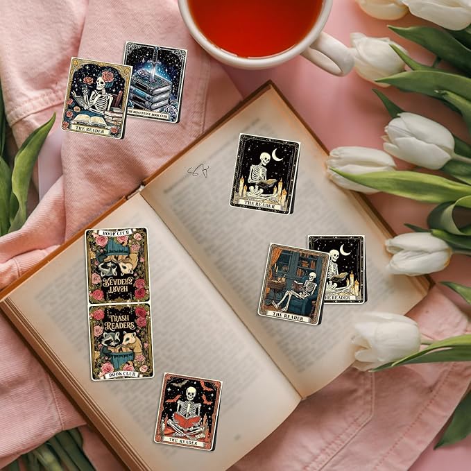 Skeleton Tarot Magnetic Bookmark Gifts - Wxiben 16 Pcs Gothic Skull Reading Bookmarks Magnetic Funny Horror Skeleton Book Markers Magnets Page Clip Gift for Women Men Reader Students Teacher Office