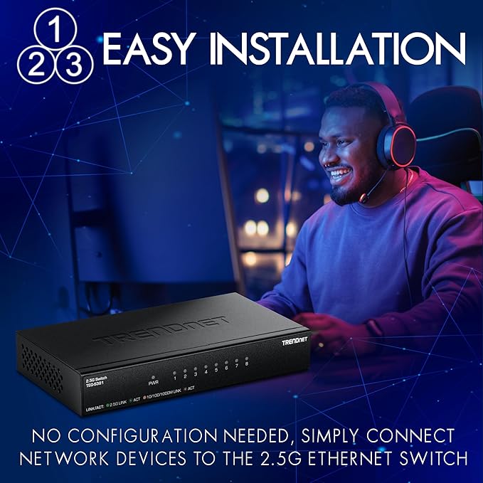 TRENDnet 8-Port 2.5Gb Switch, TEG-S381, 8 x 2.5G RJ45 Ports, 40Gbps Switching Capacity, NDAA + TAA Compliant, Ethernet Splitter, for Game Console, NAS, PC, Lifetime Protection