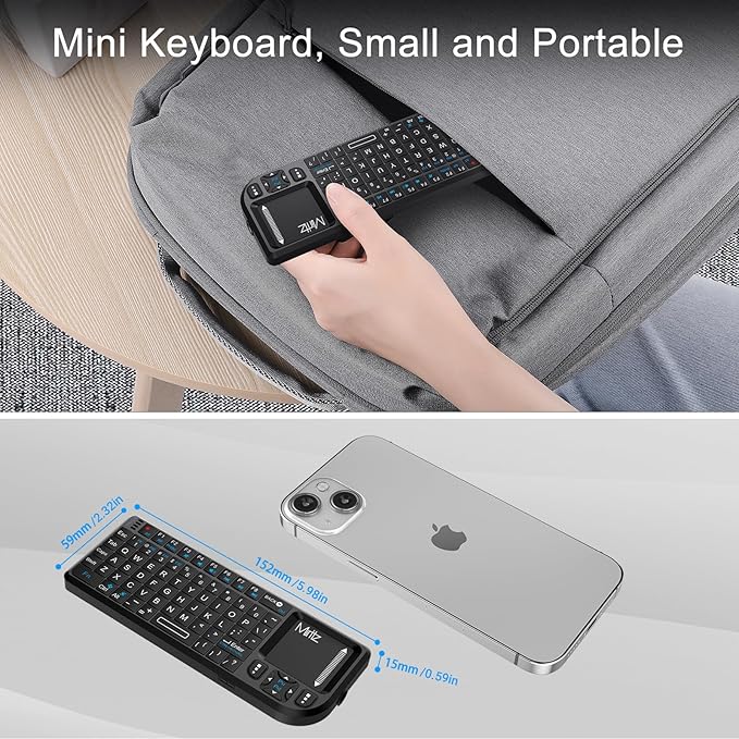 K808 Ultra-Thin Mini Keyboard with Touchpad, Bluetooth &2.4G Dual Mode & Backlit, USB-C Rechargeable, Compatible with iPad, Mac, Windows, Android - Portable for Travel, Office, Home - Black