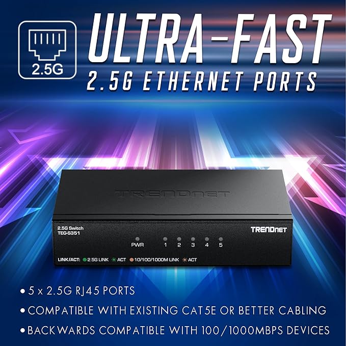 TRENDnet 5-Port 2.5Gb Switch, TEG-S351, 5 x 2.5G RJ45 Ports, 25Gbps Switching Capacity, NDAA + TAA Compliant, Ethernet Splitter, for Game Console, NAS, PC, Lifetime Protection