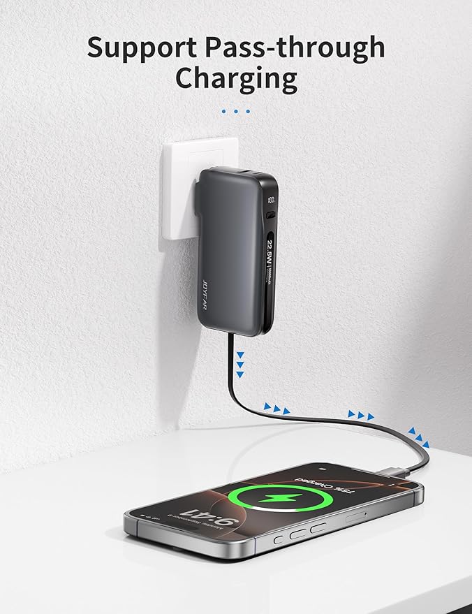 22.5W Portable Charger with Built-in USB-C Cable & Wall Plug, 10,000mAh Fast Charging USB C Power Bank, Travel Essential Battery Pack for iPhone 16/15 Series, Samsung Galaxy, iPad More Devices