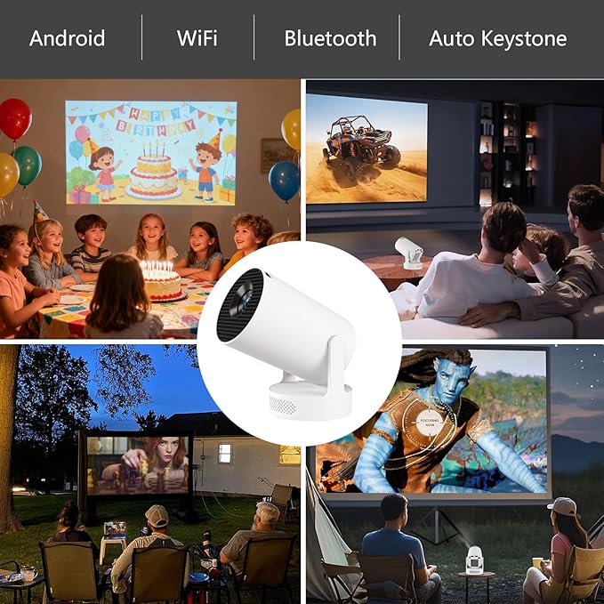 Mini Projector Android, WiFi Bluetooth 1080P Support HD Smart Projector with Apps, Auto Keystone, 180° Rotation, Portable Home Outdoor Movie Projector, Compatible Smartphone, Laptop, HDMI