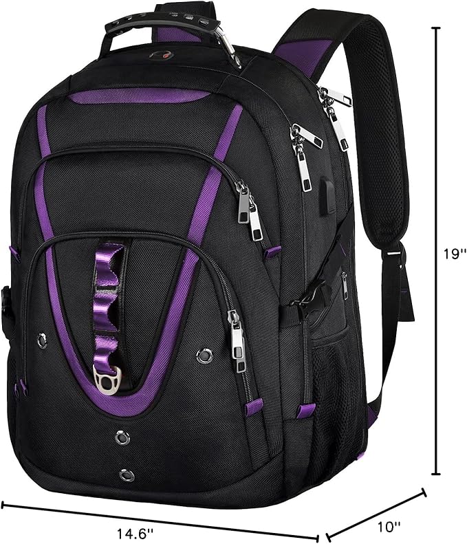 18.4 inch Travel Backpack Men Women, 55-60L Extra Large Laptop Backpack RFID Anti Theft TSA Friendly Flight Approved Backpacks, Water Resistant College School Heavy Duty With USB Charging Port, Purple