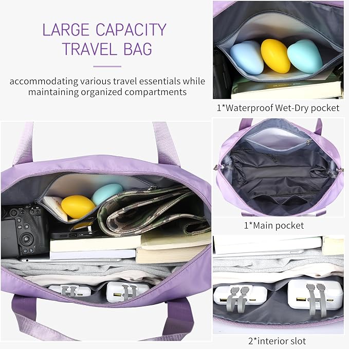 VOOWO Rolling Duffle Bag, Expandable Foldable Carry On, Large Weekend Bag with Spinner Wheels, 28-58L, Purple