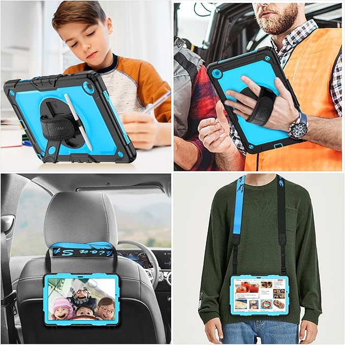 SEYMAC stock Case for Samsung Galaxy Tab A9+ Plus 11'', Full-Body Drop Protection Case with Screen Protector Pencil Holder [360° Rotating Hand Strap] &Stand, SkyBlue+Black
