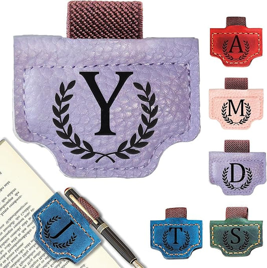 Personalized Bygone Mark Bookmark with Pen Holder, Leather Magnetic Bookmark 26 Letters Name Initial Bookmarks for Readers, Book Lover Gifts for Women Men Notebook Accessories (Purple, Y)