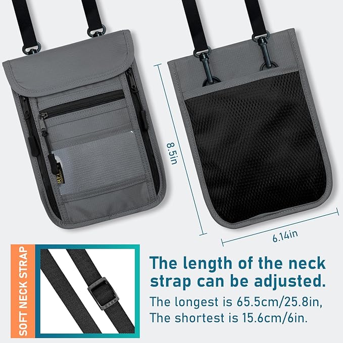 sundee Travel Neck Wallet with Double Zippers, RFID Blocking Passport Holder with Adjustable Neck Strap for Men and Women to Keep Cash, Credit Cards and Travel Documents Safe - Light Gray