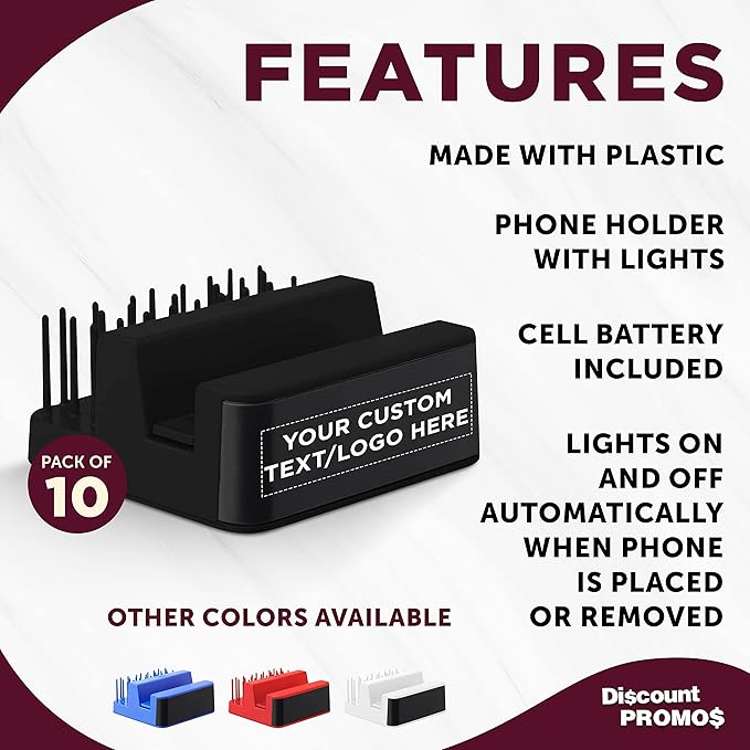 DISCOUNT PROMOS Custom Light Up Logo Phone Stands Set of 10, Personalized Bulk Pack - Essential Smartphone Accessory, Perfect for Office and Home - Black
