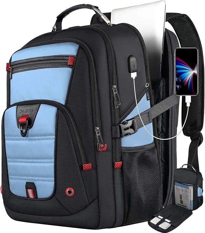Z-MGKISS 18.4"-19" Extra Large Laptop Backpack, Water-Resistant Gaming Laptop Travel Backpack, School Bag with USB Charging Port and Multiple Compartments, Gifts for Men & Women, Lake Blue