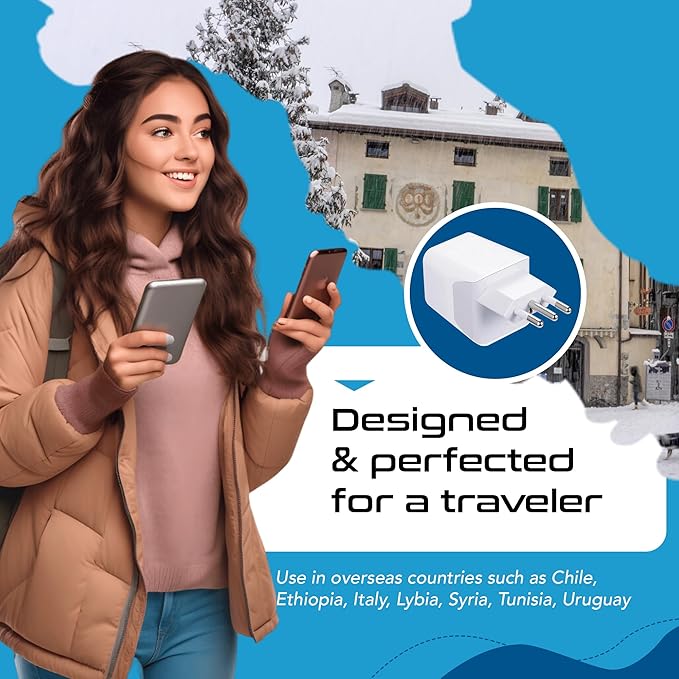 Ceptics Italy, Europe Travel Adapter Plug Set - 2 Pack - with 2 USB + USA Socket Input - Type L and Type C - Ultra Compact - Safe Grounded Perfect for Cell Phones, Laptops, Camera Chargers