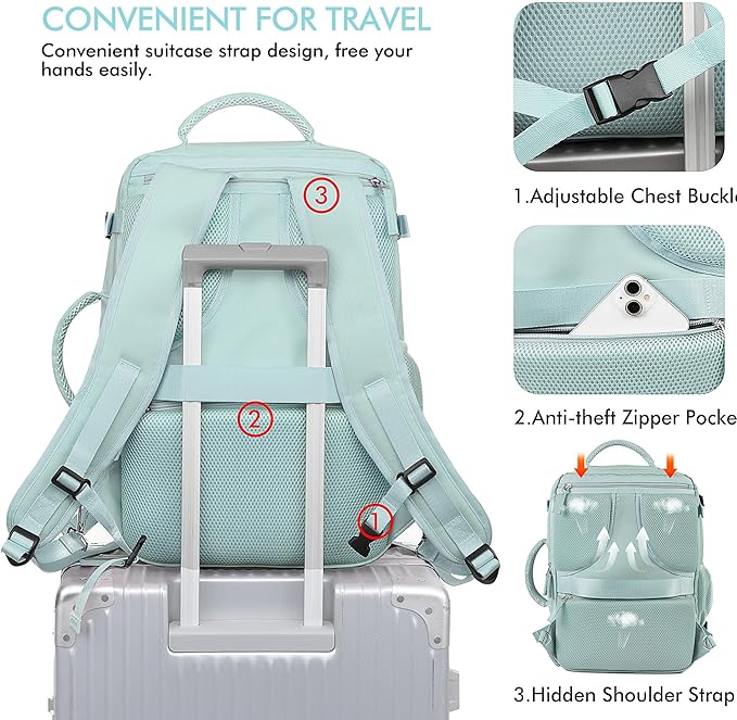Beraliy Travel Backpack for Women, Airline Approved Bag, 16 inch Laptop Waterproof Hiking Backpack, Casual College Daypack, Weekender Bag, Mint Green
