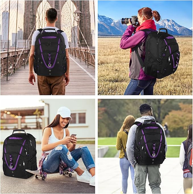 18.4 inch Travel Backpack Men Women, 55-60L Extra Large Laptop Backpack RFID Anti Theft TSA Friendly Flight Approved Backpacks, Water Resistant College School Heavy Duty With USB Charging Port, Purple