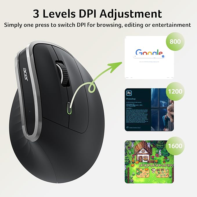 acer Ergonomic Mouse Wireless, Vertical Computer Mouse for Office, Ergo Mice Rechargeable for Right Hand, 2.4GHz USB Receiver, 800/1200/1600 DPI, 6 Buttons for Laptop, PC and Desktop
