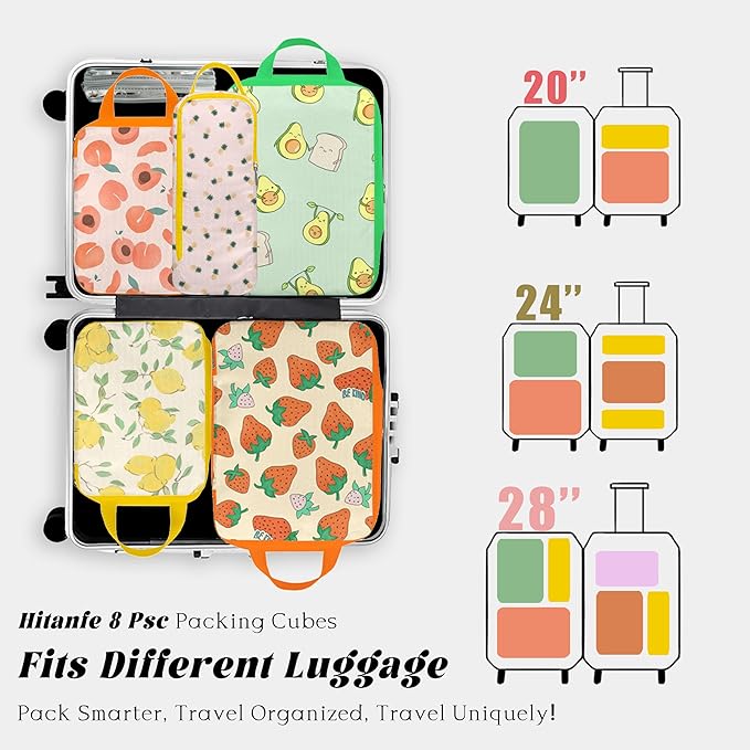 8 Pcs Compression Packing Cubes Travel for Suitcases, Waterproof Luggage Organizer Washable Storage Bags Set for Backpack Travel- Packaging Cubes for Carry-Ons and Storage